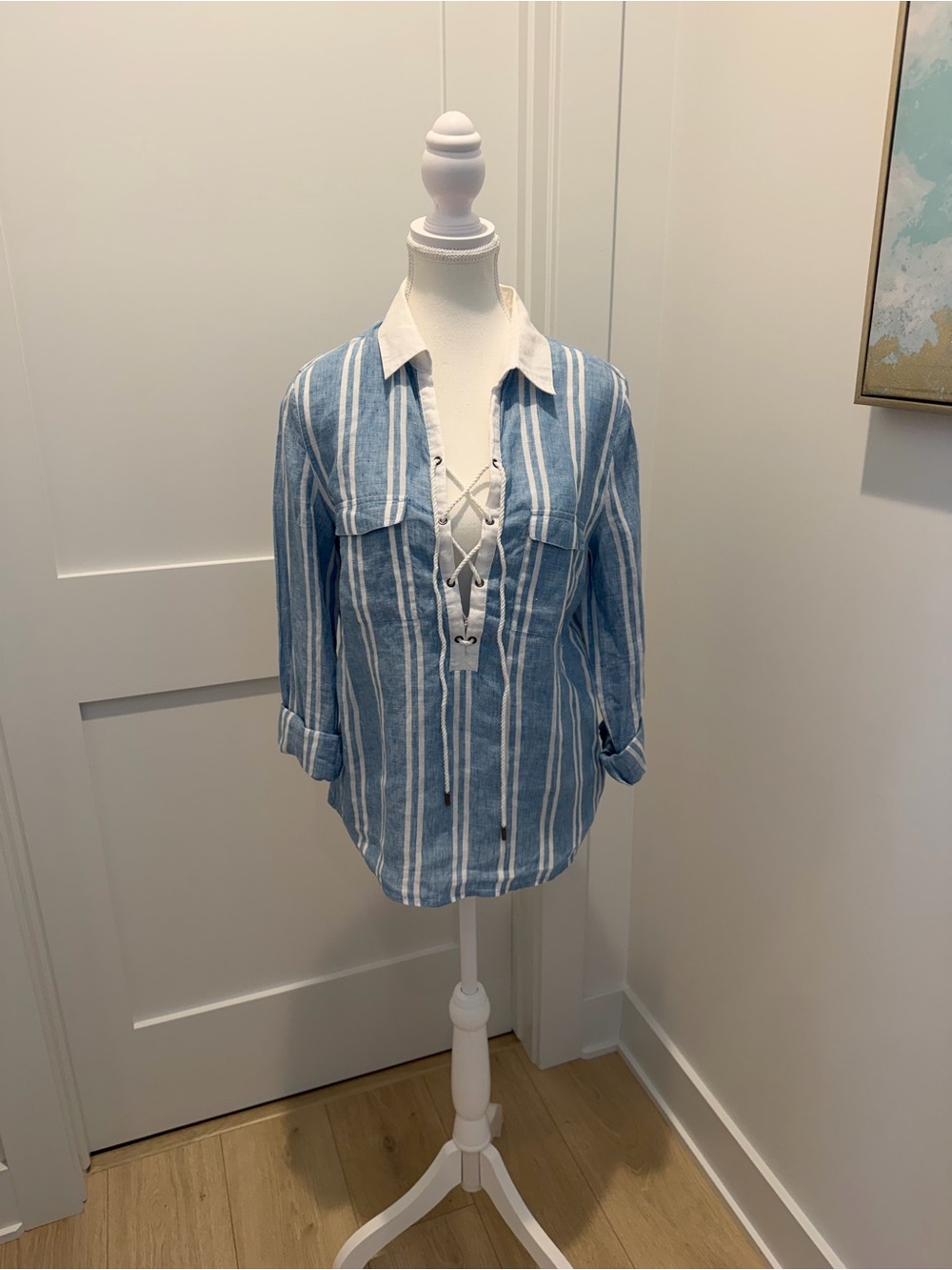 Island Company 100% Linen Blue & White Pirate Lace Up Top Small tunic nautical
